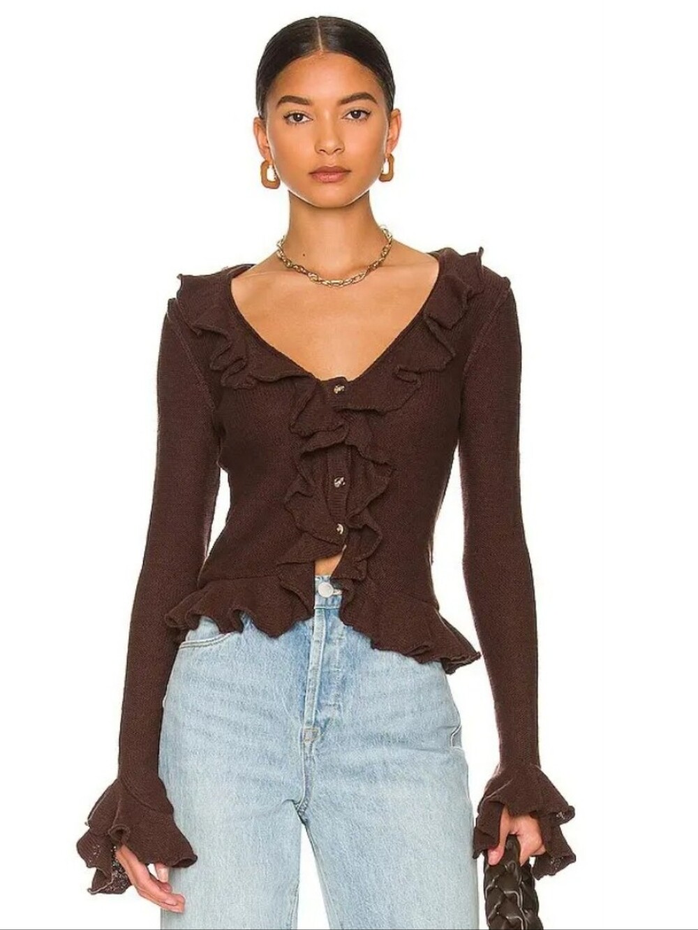 LPA Revolve Ruffle Sweater Cardigan In Truffle Brown NWOT